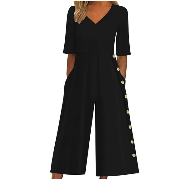 AJTQTH Women Summer Jumpsuit Stylish Solid V-Neck Short Sleeve High-Waisted One-Piece Playsuit Wide-Leg Flared Loose Romper Button Overalls Black XL