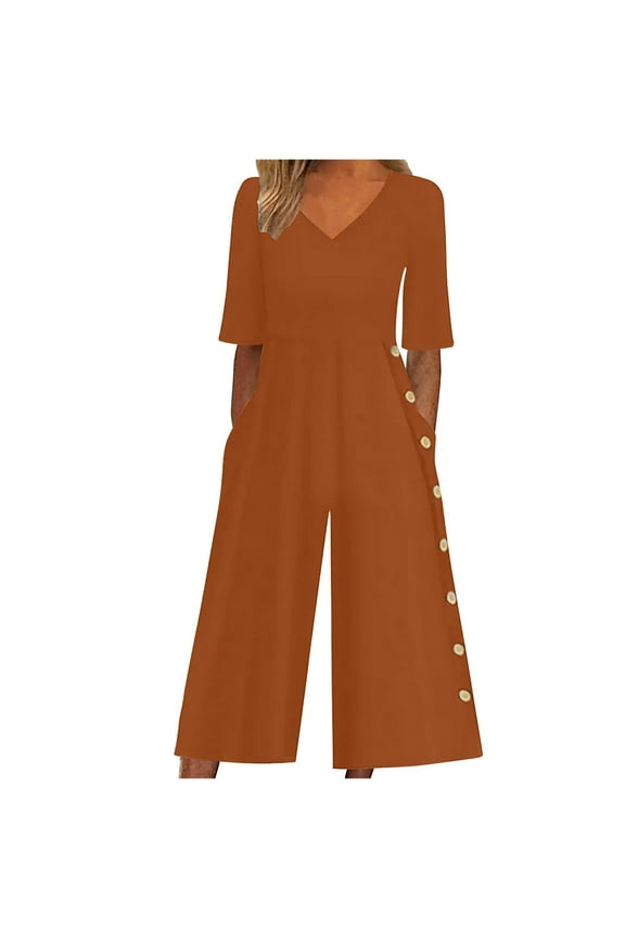 Women Summer Jumpsuit Stylish Solid V-Neck Short Sleeve High-Waisted One-Piece Playsuit Wide-Leg Flared Loose Romper Button Overalls Coffee M