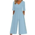 thumbnail image 1 of AJTQTH Women Summer Jumpsuit Stylish Solid V-Neck Short Sleeve High-Waisted One-Piece Playsuit Wide-Leg Flared Loose Romper Button Overalls Sky Blue XL, 1 of 6