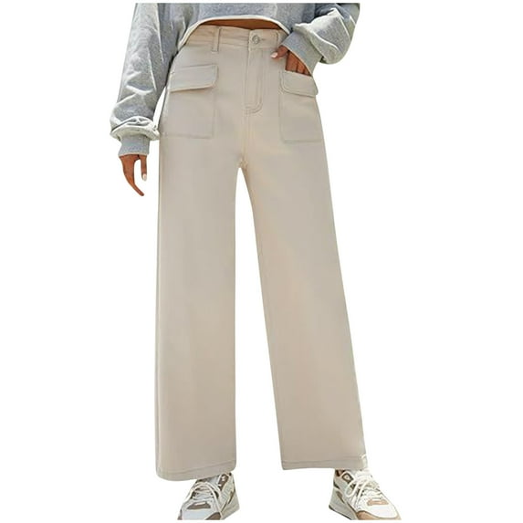 AJTQTH Women Trousers Cargo Pants High-Waisted Pockets Work Trousers Above Hip Straight-Leg Wide-Leg Solid Loose Slacks Beige XL