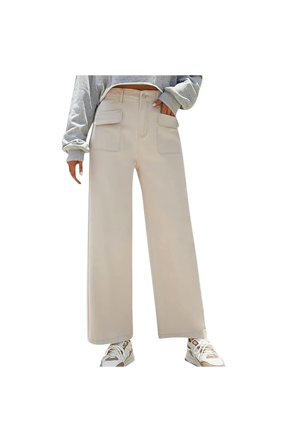 Women Trousers Cargo Pants High-Waisted Pockets Work Trousers Above Hip Straight-Leg Wide-Leg Solid Loose Slacks Beige XL