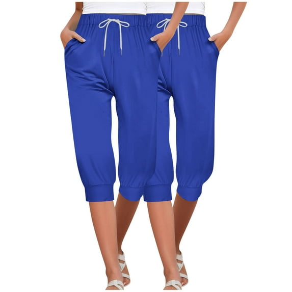 AJTQTH Women Yoga Pants 2-Pack Summer Casual Capri Joggers with Pockets Drawstring Casual Sport Pants Wide-Leg Loose Sweatpants Blue S
