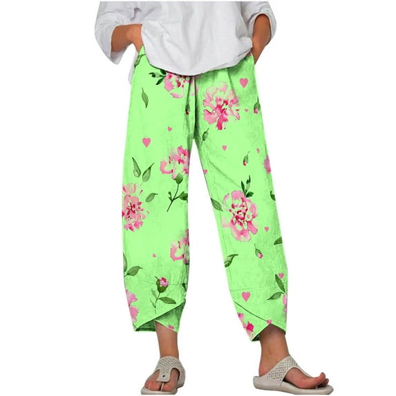 AJTQTH Women Yoga Pants Stylish Floral Print Elastic-Waiste Cropped Pants with Pockets Wide-Leg Loose Casual Trousers Green XXXXXL
