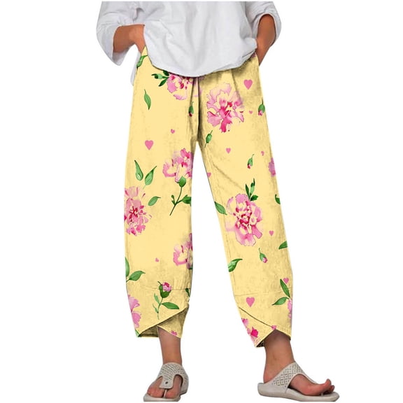 AJTQTH Women Yoga Pants Stylish Floral Print Elastic-Waiste Cropped Pants with Pockets Wide-Leg Loose Casual Trousers Yellow XL