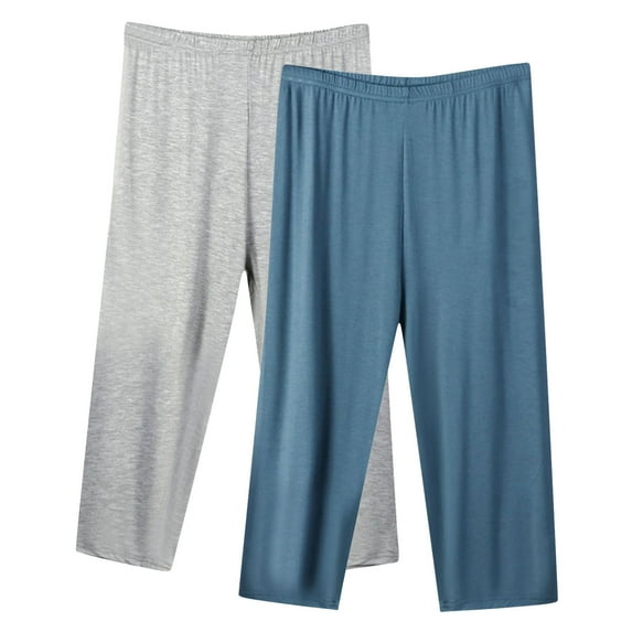 AJTQTH Yoga Pants 2-Pack for Women Plus Size Solid Capris Straight-Leg Loose Capri Trousers Elastic Waist Thin Home Pants Sport Pants Navy XXXXL