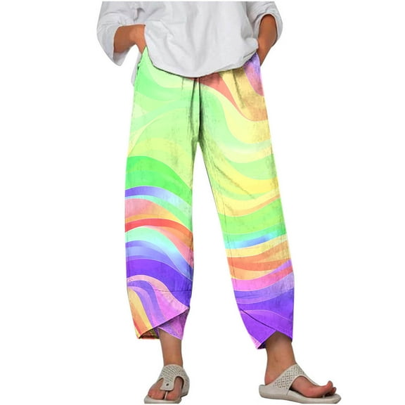 AJTQTH Yoga Pants Cropped Pants for Women Stylish Colorblocked Ombre Color Pants Elastic-Waisted Wide-Leg Loose Trousers Green XXXXXL