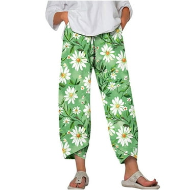 AJTQTH Yoga Pants for Women Plus Size Cropped Pants Elastic-Waisted Floral Print Wide-Leg Loose Trousers with Pockets Green L