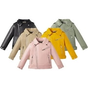 AJZIOJIRO 1-7Y Baby Girls Autumn Motorcycle Faux Leather Coats Jackets for Toddler Kids Spring PU Leather Moto Jacket with Oblique Zipper