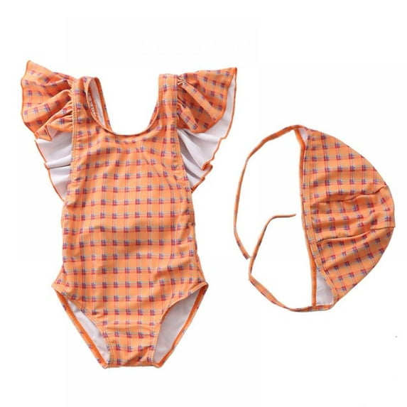 AJZIOJIRO 1-7Years Girls One-Piece Beach Swimsuits with Swim Caps Chidlren Sunsuit Summer Princess Beachwear Toddler Girls Ruffled Swimwear