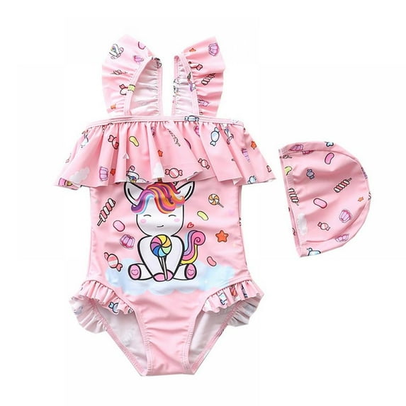 AJZIOJIRO 1-7Years Girls One-Piece Beach Swimsuits with Swim Caps Chidlren Sunsuit Summer Princess Beachwear Toddler Girls Ruffled Swimwear