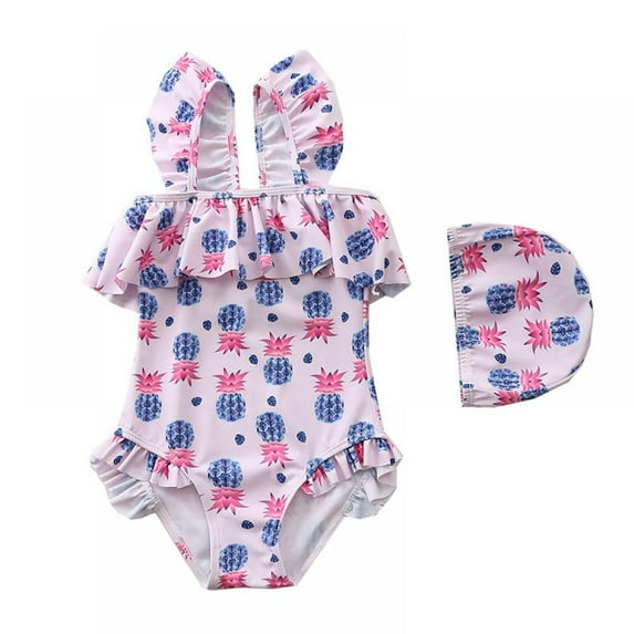 AJZIOJIRO 1-7Years Girls One-Piece Beach Swimsuits with Swim Caps Chidlren Sunsuit Summer Princess Beachwear Toddler Girls Ruffled Swimwear
