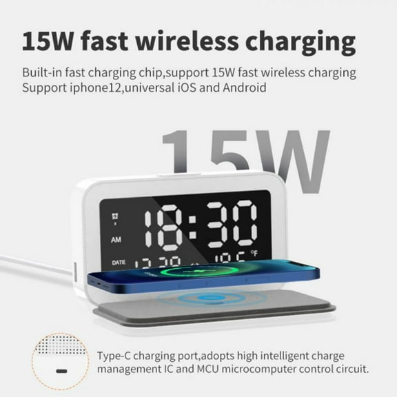 AJZIOJIRO 15W Wireless Fast Charger For IPhone Huawei - Night Light Alarm Clock High Definition LED Display Screen