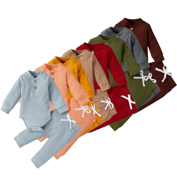 AJZIOJIRO 2Pcs Baby Infant Boys Girls Long Sleeve Clothes Set Unisex Solid Cotton Set,2-piece Toddler Spring Fall Clothes Outfits,for 1-24Months