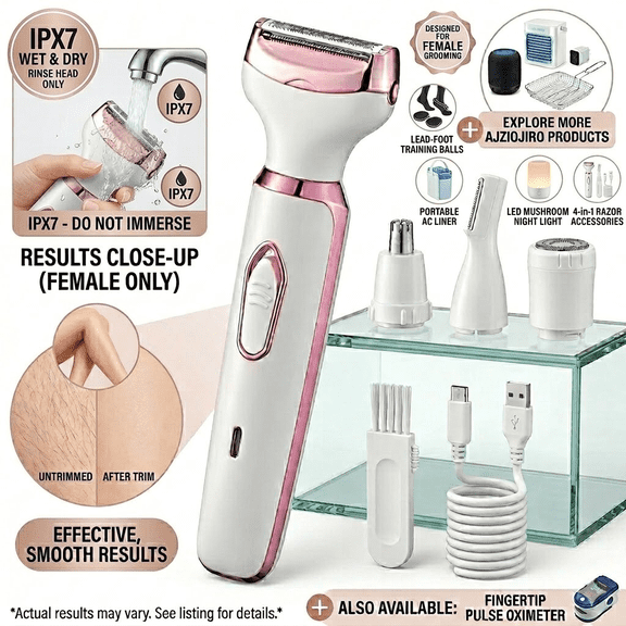 AJZIOJIRO 4-in-1 Electric Razor for Women, Painless Lady Shaver & Bikini Trimmer for Public Hair, Face, Leg, Armpit, Waterproof Portable Rechargeable Female Epilator with 4 Replaceable Heads