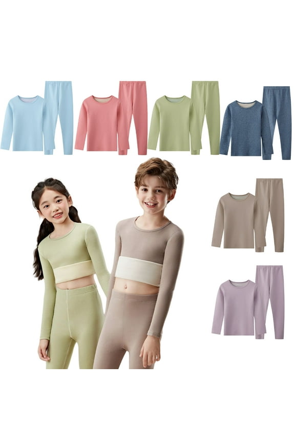 5-12Y Boys Girls Velvet Thermal Underwear Set Long John Autumn Winter Soft Fleece Lined Base Layer for Kids Toddler