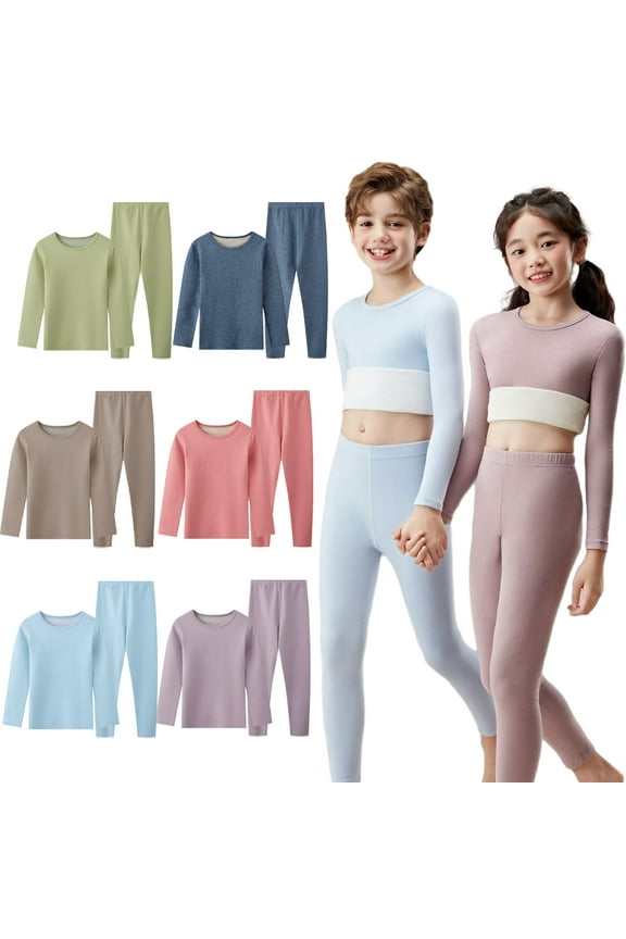 5-12Y Boys Girls Velvet Thermal Underwear Set Long John Autumn Winter Soft Fleece Lined Base Layer for Kids Toddler