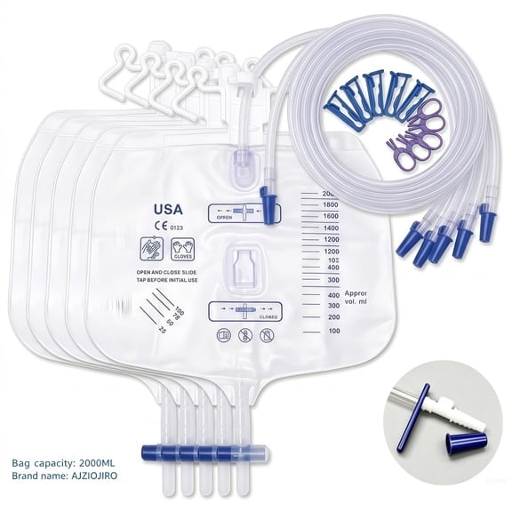 AJZIOJIRO 5 Pcs - Universal Collection Bag For Both Men And Women, 2000ml Capacity, With Anti-Backflow Design, Thick Drainage Tube, Adjustable Clips And Hanging Hook.