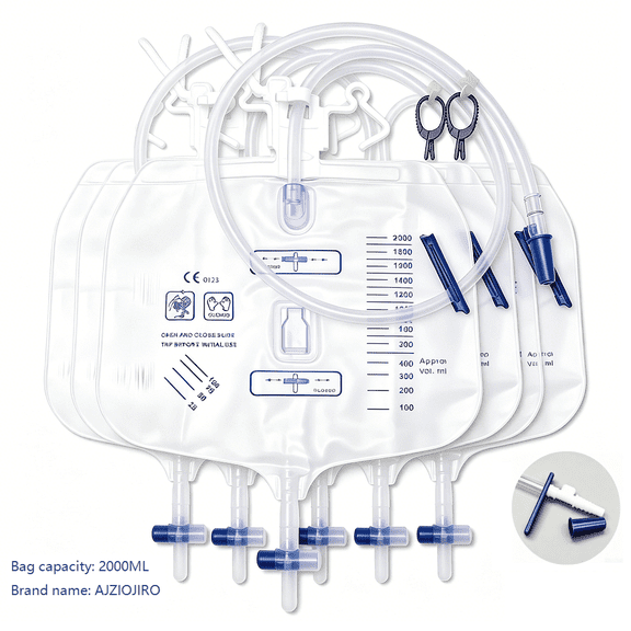 AJZIOJIRO 6Pcs   Universal Urine Collection Bag For Both Men And Women, 2000ml Capacity, With Anti-Backflow Design, Thick Drainage Tube, Adjustable Clips And Hanging Hook.