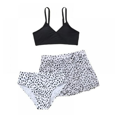 AJZIOJIRO 7-12T Girl's 3 Piece Swimswear Set Bikini Swimsuit Cute Black and White Print High Waisted with Beach Shorts