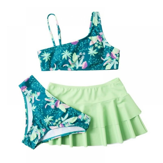 AJZIOJIRO Big Gilrs Swimsuit Separate Printed Floral 3-piece Shorts Bikini Girls' Swimswear with Cover Up