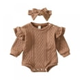 thumbnail image 1 of AJZIOJIRO Baby Newborn Girl Romper Solid Color Knitted Round Neck Long Fly Sleeve Jumpsuits with Headband, 1 of 9