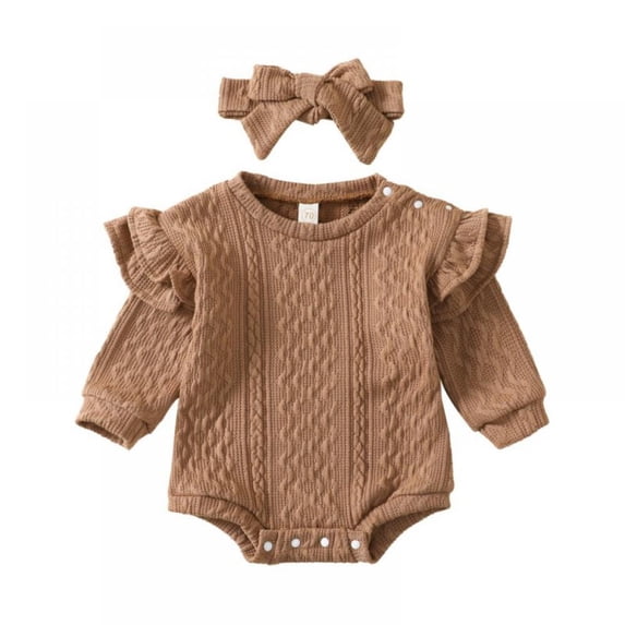 AJZIOJIRO Baby Newborn Girl Romper Solid Color Knitted Round Neck Long Fly Sleeve Jumpsuits with Headband