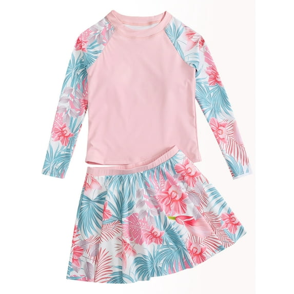 AJZIOJIRO Big Girl's Two-Piece Long Sleeve Bathing Suit UPF50+ Rash Guard Kids Swimsuits Beach Swimswear