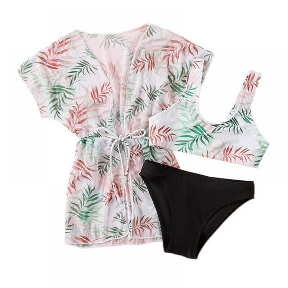 AJZIOJIRO Girl's 3 Piece Bikini Swimswear Sets Striped Swimsuit with Coverups Kimono Bathing Suit Set