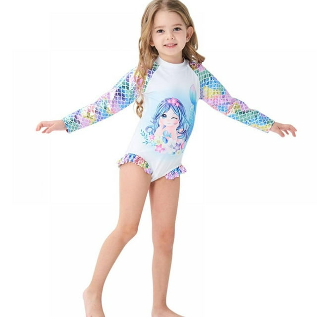 AJZIOJIRO Girls Long Sleeve Swimsuit Toddler Rash Guard One Piece