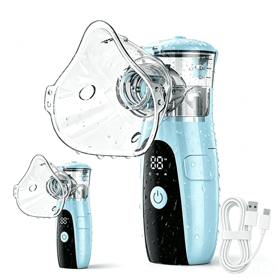 AJZIOJIRO Handheld Ultrasonic Humidifier Portable Evaporative Compressor With LED Display USB/Battery Steam Inhaler Blue