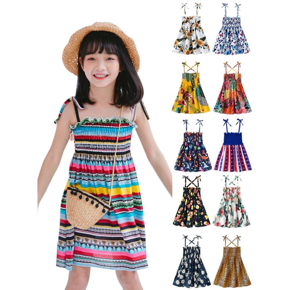 AJZIOJIRO Little Girl's Girl Off-Shoulder Dress Boho Front Sleeveless Flared Short Dress
