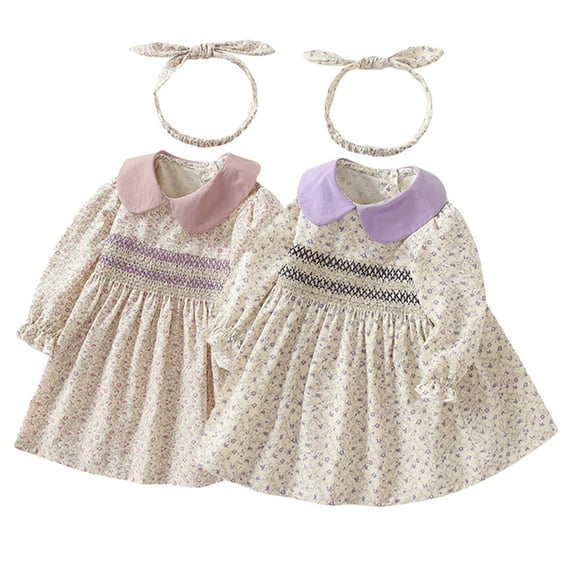 AJZIOJIRO Newborn Girls Floral Dress Long Sleeve with Cute Hairband for Little Girls Summer Casual Party Dress Outfits for Baby Girls