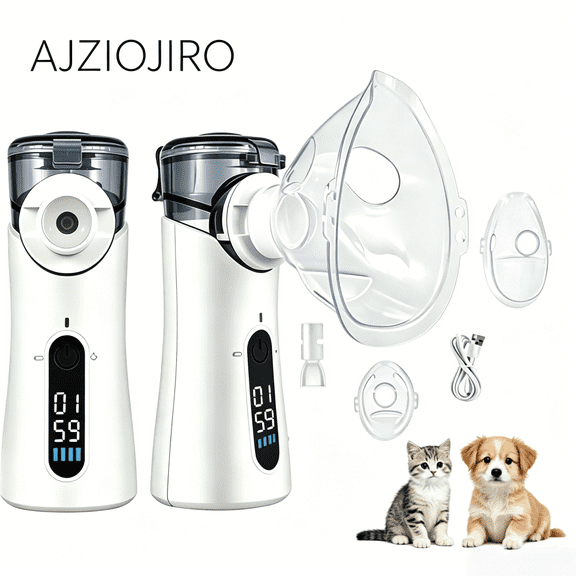 AJZIOJIRO Portable Rechargeable Fine Mist Humidifier, Digital Timer & Low Noise, Complete Multi-Size Face Cover Accessories, For Kittens Puppies & Small Pets