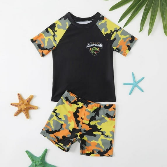 AJZIOJIRO Toddler Boys Bathing Suits Swimwear Set 2-Piece Short Sleeve Rash Guard Swimsuit and Swim Trunks Set Sunsuit UPF 50+
