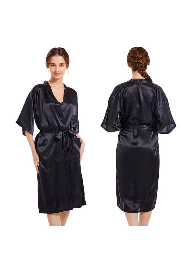 Women's Long Sleeve Bathrobe Nightgowns Satin Pajama Robe Nightwear Lacy Nightdress Sleepwear M-3XL