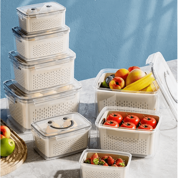 AK Products 4-Piece Large Fruit & Vegetable Storage Containers with Lids & Removable Colander  BPA-Free Plastic Produce Saver for Fridge & Kitchen Organization