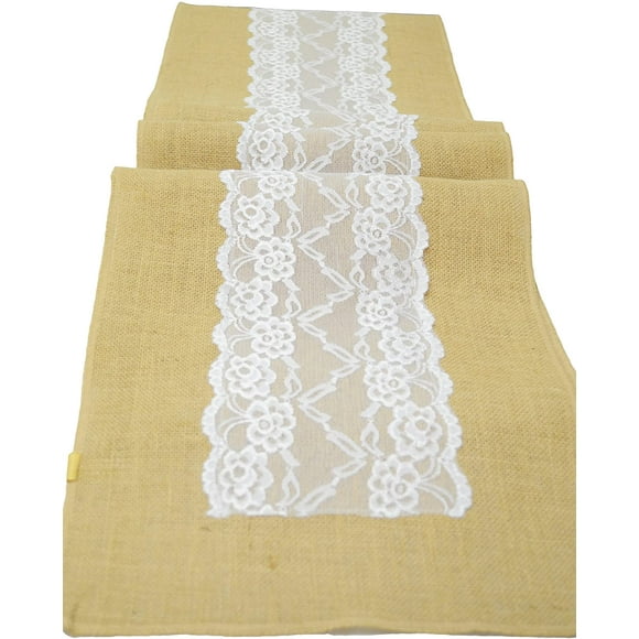 AK TRADING CO. 12" X 108" Vintage Antique Rustic Wedding Lace Burlap Table Runner - Natural