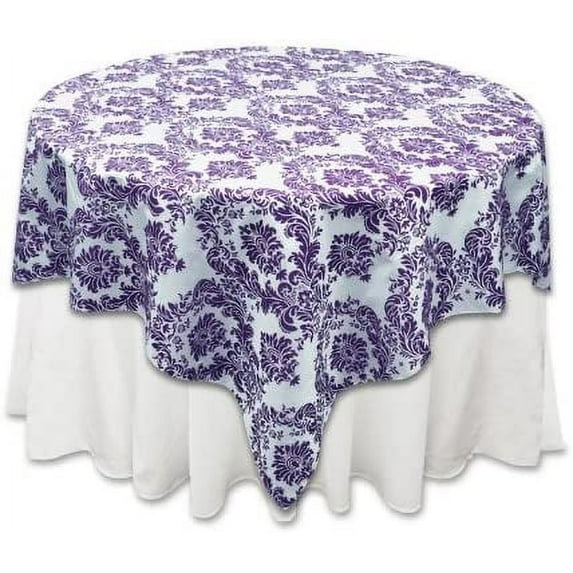 AK TRADING CO. 60" x 60" Damask Flocked Square Table Top Cover Overlay for Home or Events (Purple/White)