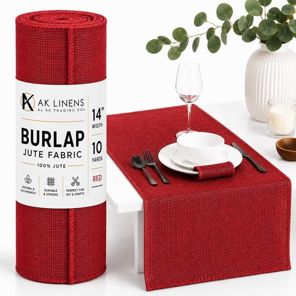 AK TRADING CO. Burlap Jute Table Runner, 14" x 10 Yards, Natural, Serged Edges for Weddings, Events, Crafts & Home Decor - Red