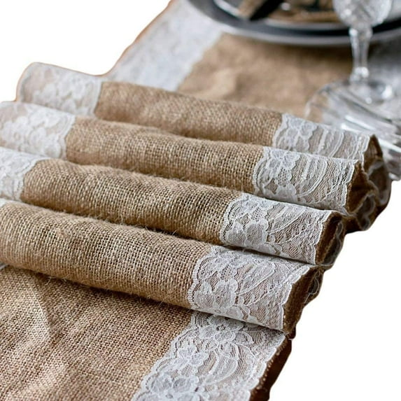 AK TRADING CO. Burlap & Side Lace Table Runner - 2" Lace - Ivory Lace, 12"x84"