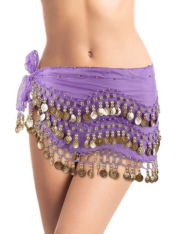 . Chiffon Dangling Belly Dance Hip Scarf - Lavender with Gold Coins