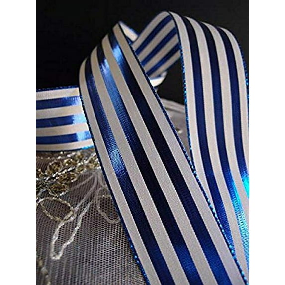 AK-Trading 1.5" x 25 Yards Metallic Striped Gift Wrap & Craft Ribbon - Blue & Ivory
