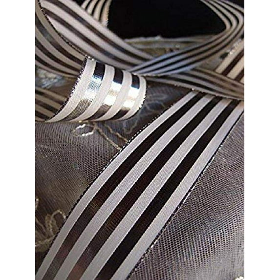 AK-Trading 1.5" x 25 Yards Metallic Striped Gift Wrap & Craft Ribbon - Platinum & Ivory