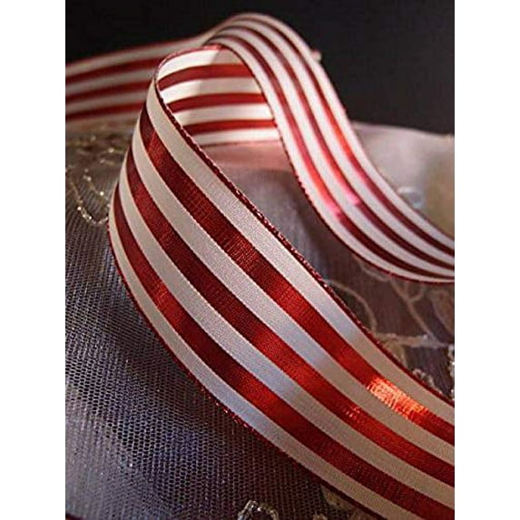 AK-Trading 1.5" x 25 Yards Metallic Striped Gift Wrap & Craft Ribbon - Red & Ivory Metallic
