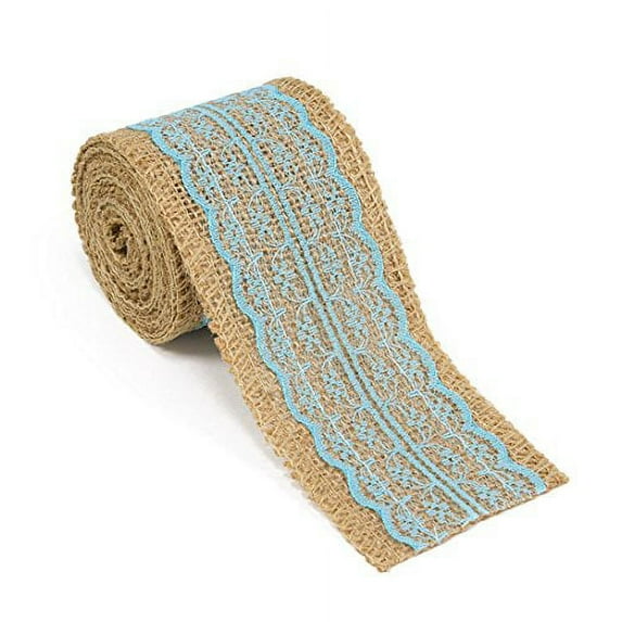 AK-Trading 2.5" Wide x 10 Yards Long Natural Burlap Craft Ribbon with Lace (Jute Ribbon, Burlap Tape, Rustic Decor) with Baby Blue Lace