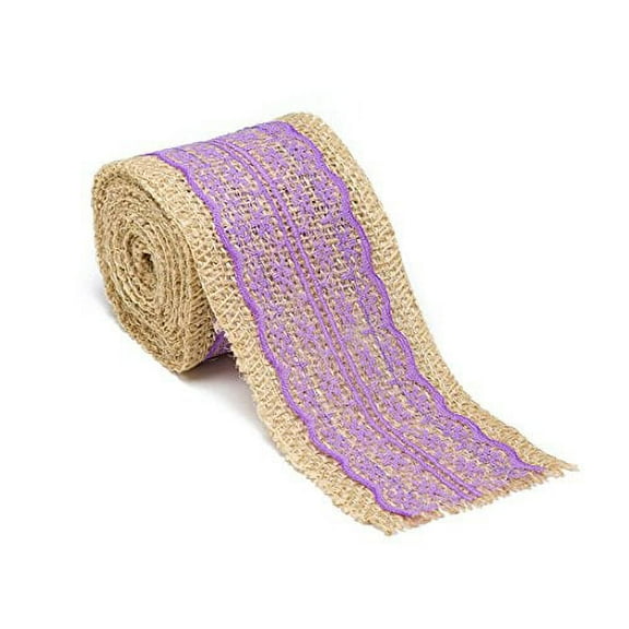 AK-Trading 2.5" Wide x 10 Yards Long Natural Burlap Craft Ribbon with Lace (Jute Ribbon, Burlap Tape, Rustic Decor) with Lavender Lace