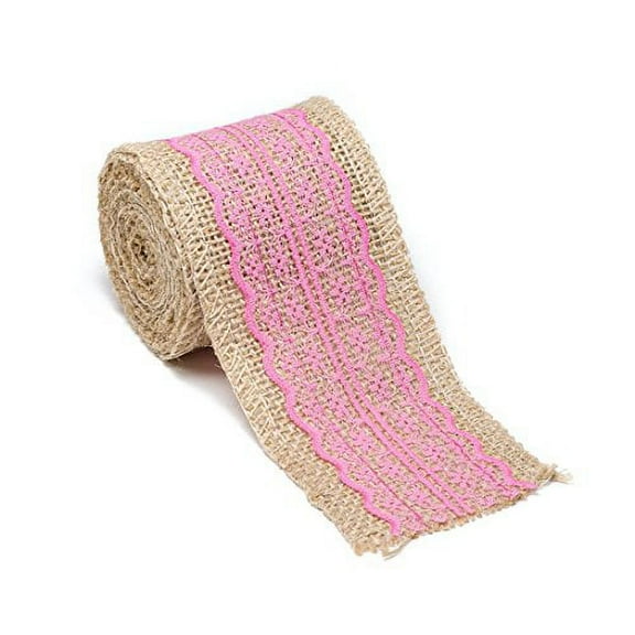 AK-Trading 2.5" Wide x 10 Yards Long Natural Burlap Craft Ribbon with Lace (Jute Ribbon, Burlap Tape, Rustic Decor) with Pink Lace