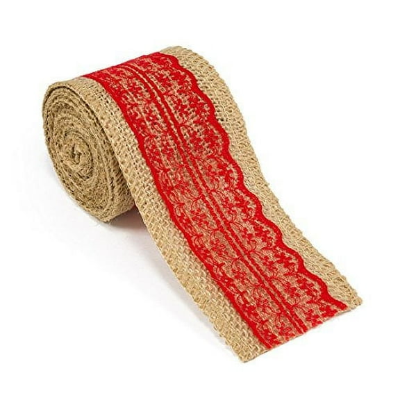 AK-Trading 2.5" Wide x 10 Yards Long Natural Burlap Craft Ribbon with Lace (Jute Ribbon, Burlap Tape, Rustic Decor) with Red Lace