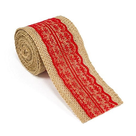AK-Trading 2.5" Wide x 10 Yards Long Natural Burlap Craft Ribbon with Lace (Jute Ribbon, Burlap Tape, Rustic Decor) with Red Lace
