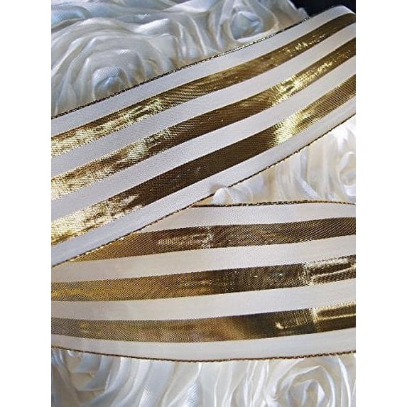 AK-Trading 2.5" x 10 Yards Metallic Striped Gift Wrap & Craft Ribbon - Gold & Ivory